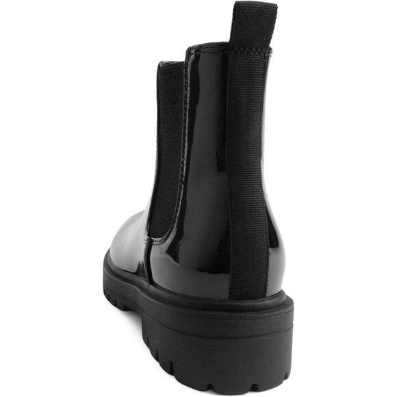 Women Black Patent Lug Sole Low Chunky Heel Chelsea Double Elastic Ankle Booties - Picture 3 of 5